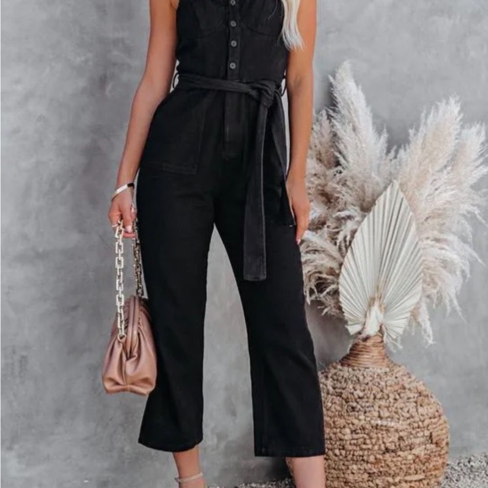 NEW VICI FORE PARK SLOPE BLACK DENIM WAIST TIE JUMPSUIT SZ S